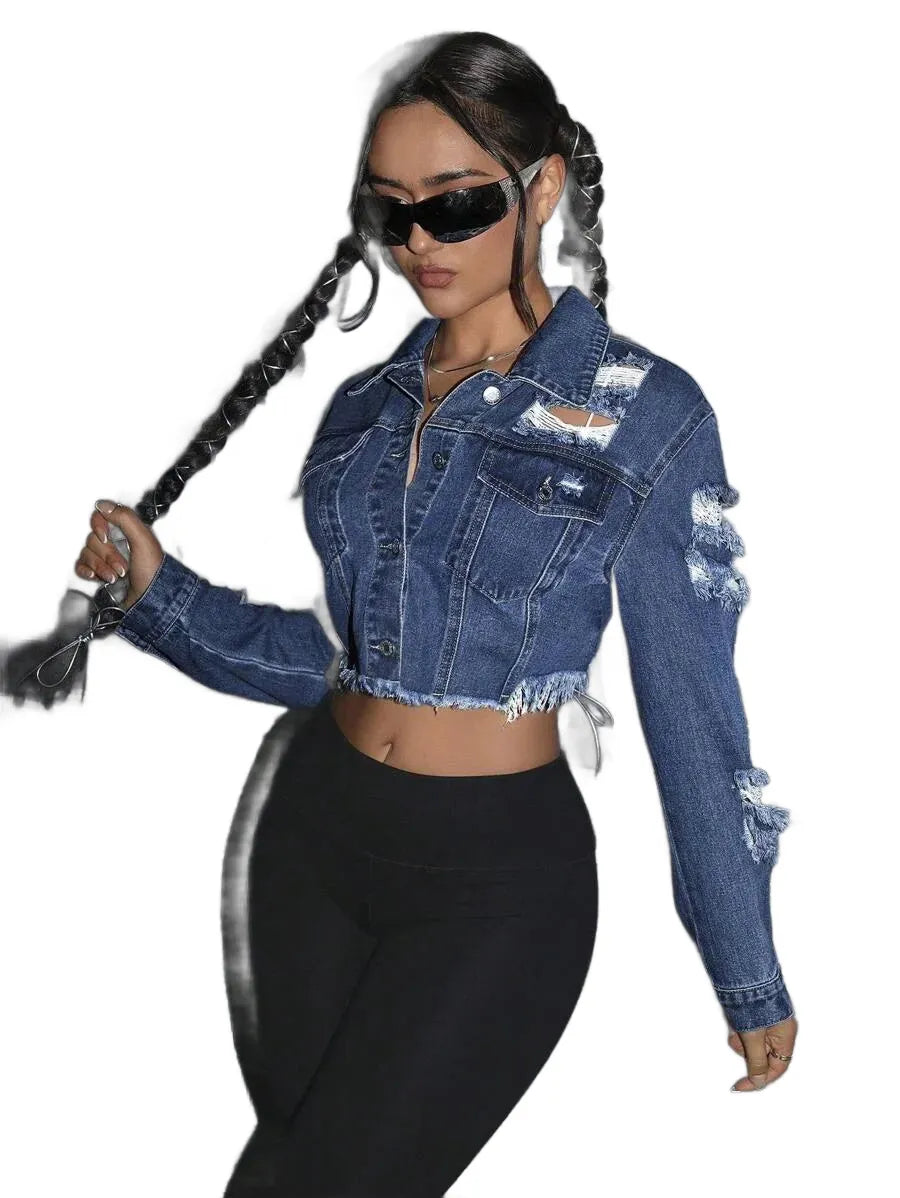 Distressed Washed Denim Jacket With Frayed Hem Cropped
