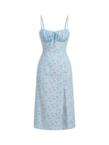 Ditsy Floral Print Pink Floral Pattern On Blue Background Ruched Bust Split Thigh Spring Cami Dress