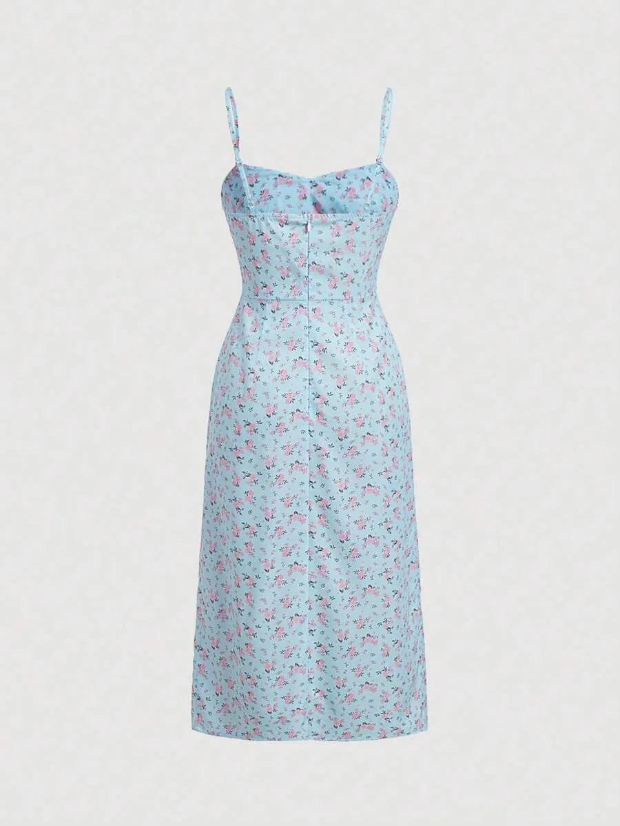 Ditsy Floral Print Pink Floral Pattern On Blue Background Ruched Bust Split Thigh Spring Cami Dress
