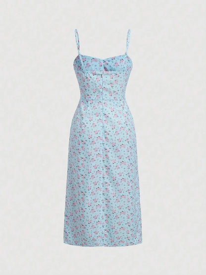 Ditsy Floral Print Pink Floral Pattern On Blue Background Ruched Bust Split Thigh Spring Cami Dress