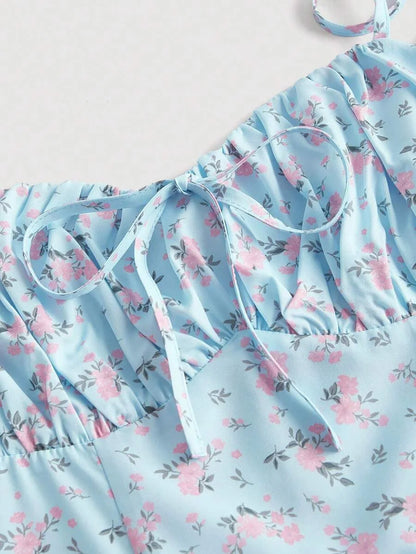 Ditsy Floral Print Pink Floral Pattern On Blue Background Ruched Bust Split Thigh Spring Cami Dress