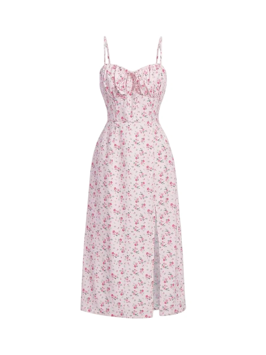 Sophia's floral print tie-front dress with a slit, featuring pink and white flowers on a light fabric