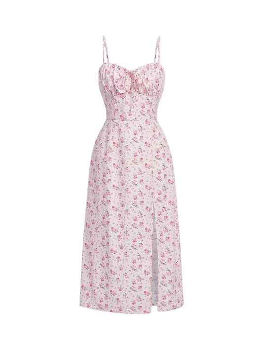 Sophia's floral print tie-front dress with a slit, featuring pink and white flowers on a light fabric