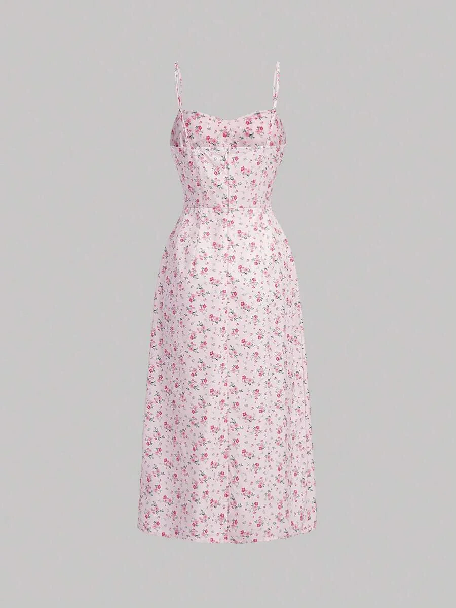 Ditsy Floral Print Split Thigh Cami Breast Cup Retraction Long Summer Pink Dress
