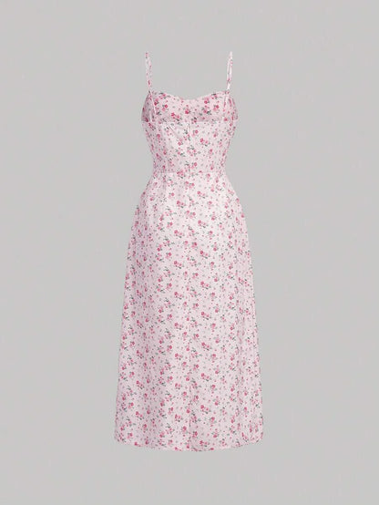 Ditsy Floral Print Split Thigh Cami Breast Cup Retraction Long Summer Pink Dress
