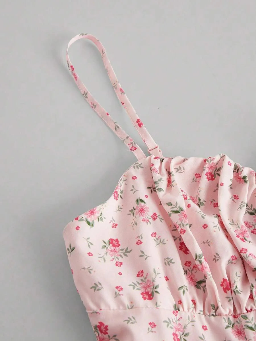 Ditsy Floral Print Split Thigh Cami Breast Cup Retraction Long Summer Pink Dress