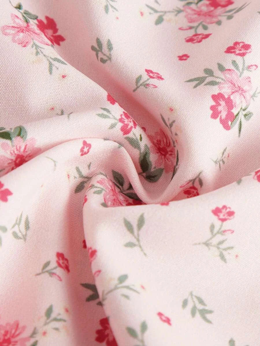 Ditsy Floral Print Split Thigh Cami Breast Cup Retraction Long Summer Pink Dress