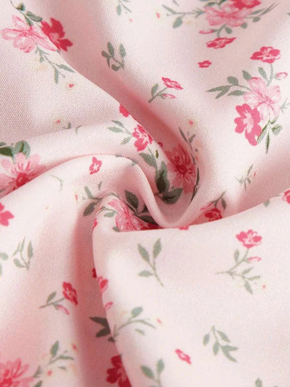 Ditsy Floral Print Split Thigh Cami Breast Cup Retraction Long Summer Pink Dress