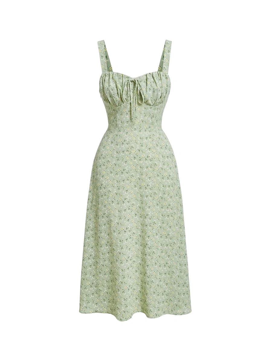 Ditsy Floral Print Tie Front Ruched Bust Valentine Day Green Cami Dress