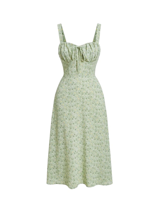 Ditsy Floral Print Tie Front Ruched Bust Valentine Day Green Cami Dress