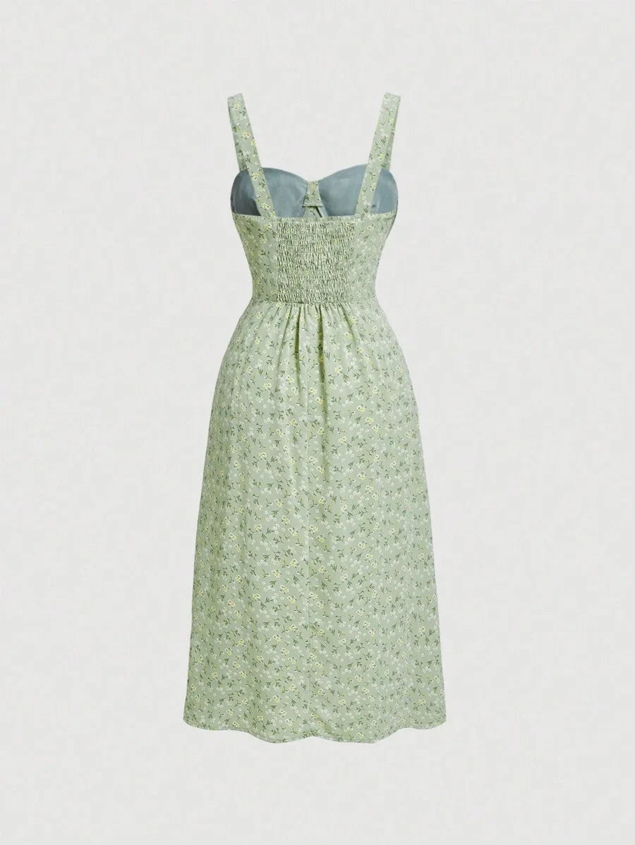 Ditsy Floral Print Tie Front Ruched Bust Valentine Day Green Cami Dress