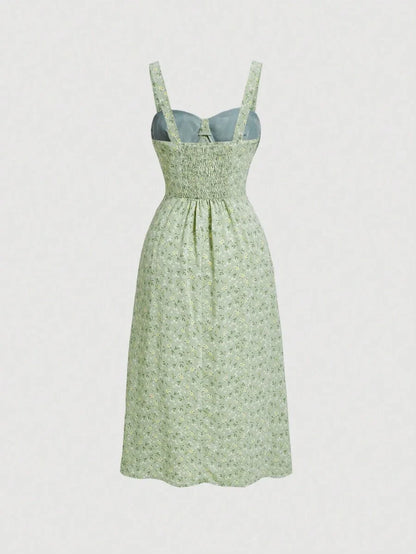 Ditsy Floral Print Tie Front Ruched Bust Valentine Day Green Cami Dress