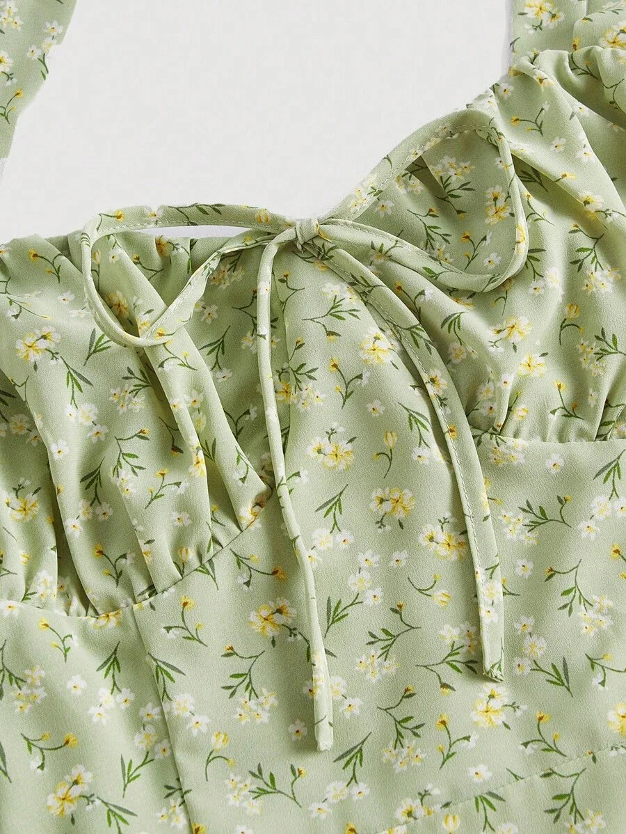 Ditsy Floral Print Tie Front Ruched Bust Valentine Day Green Cami Dress