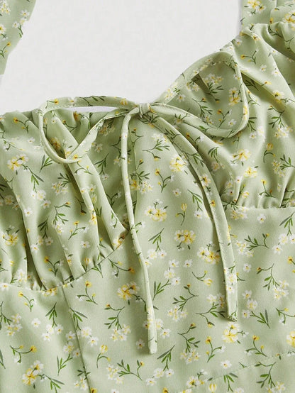 Ditsy Floral Print Tie Front Ruched Bust Valentine Day Green Cami Dress