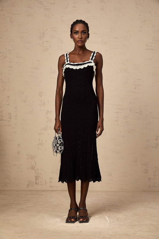 Domenica Black Crochet Knit Midi Dress with Scalloped Hem and Lace Trim