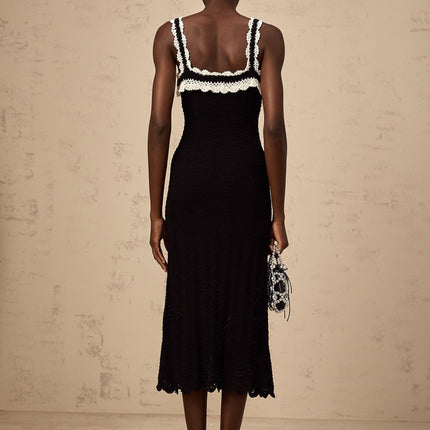 Domenica Black Crochet Knit Scalloped Hem Lace Trim Midi Dress