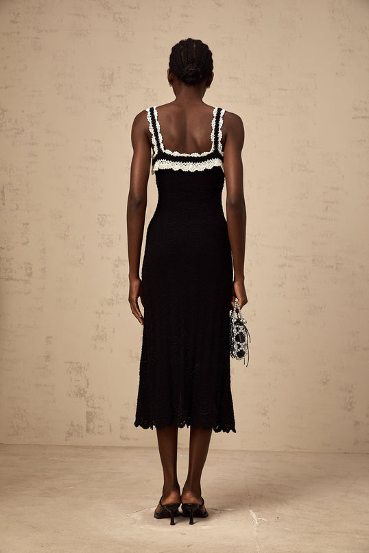 Domenica Black Crochet Knit Scalloped Hem Lace Trim Midi Dress
