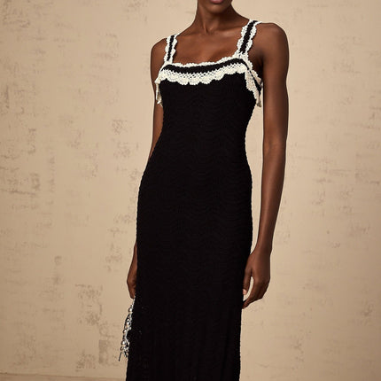 Domenica Black Crochet Knit Scalloped Hem Lace Trim Midi Dress