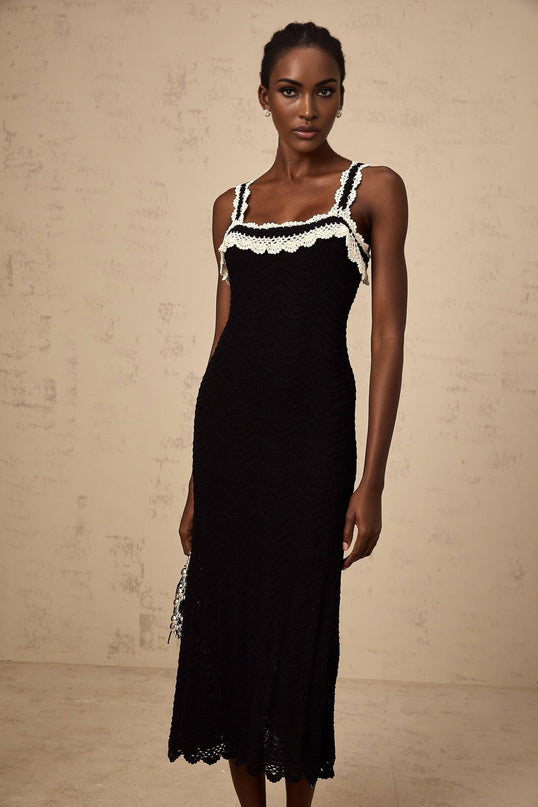 Domenica Black Crochet Knit Scalloped Hem Lace Trim Midi Dress