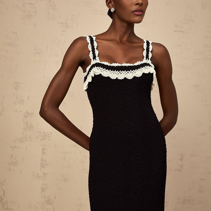 Domenica Black Crochet Knit Scalloped Hem Lace Trim Midi Dress