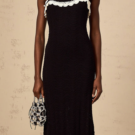 Domenica Black Crochet Knit Midi Dress with Scalloped Hem and Lace Trim