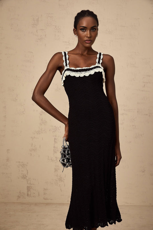 Domenica Black Crochet Knit Scalloped Hem Midi Dress with Lace Trim