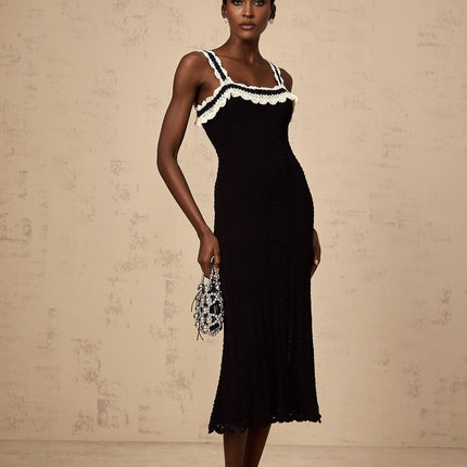 Domenica Black Crochet Knit Scallop Hem Lace Trim Midi Dress