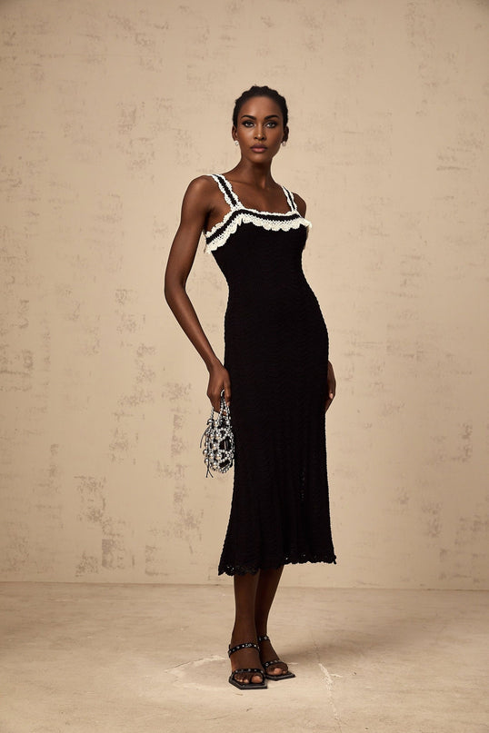 Domenica Black Crochet Knit Scallop Hem Lace Trim Midi Dress