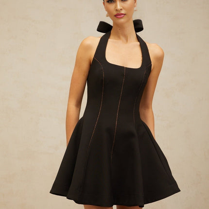 Domenica Black Halterneck Flared Mini Dress with Pleated Detailing