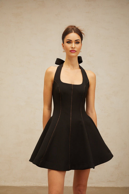 Domenica Black Halterneck Flared Mini Dress with Pleated Detailing