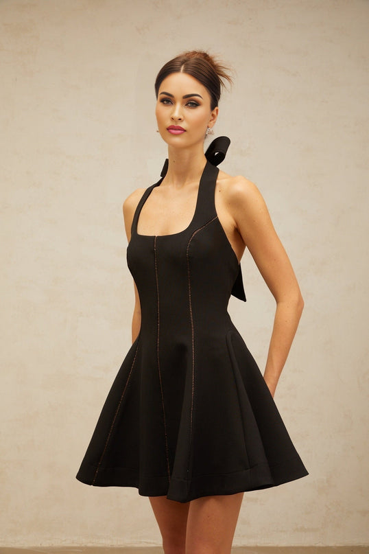 Domenica Black Halterneck Flared Mini Dress with Pleated Detailing