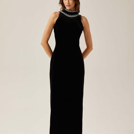 Domenica Black Velvet Crystal Embellished Gown Maxi with Open Back and Mock Neck