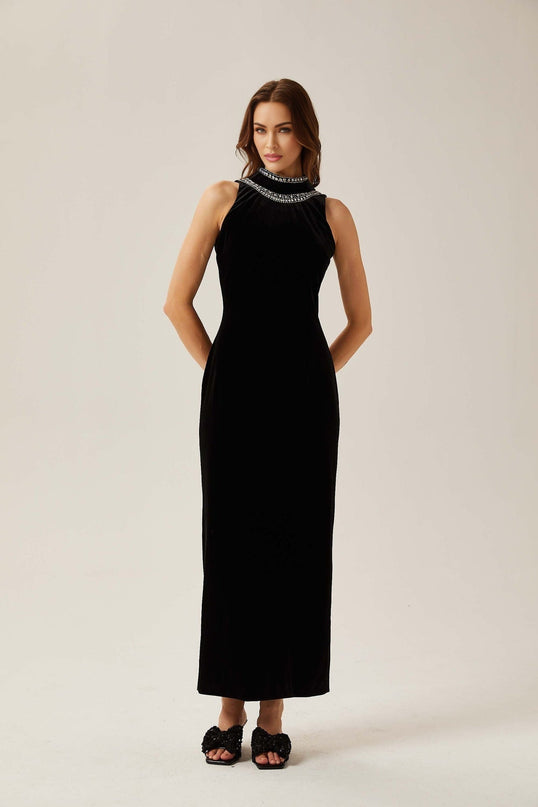 Domenica Black Velvet Crystal Embellished Gown Maxi with Open Back and Mock Neck