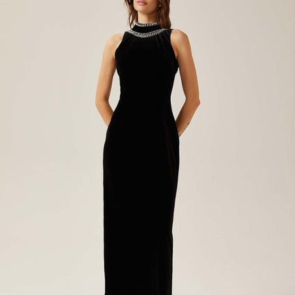 Domenica Black Velvet Crystal Embellished Gown Maxi with Open Back and Mock Neck