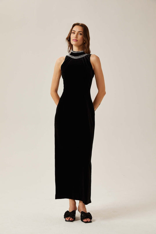 Domenica Black Velvet Crystal Embellished Gown Maxi with Open Back and Mock Neck