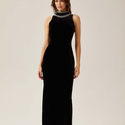Domenica Black Velvet Crystal Embellished Gown Maxi with Open Back and Mock Neck