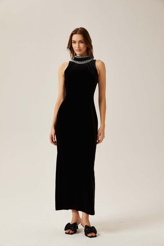 Domenica Black Velvet Crystal Embellished Gown Maxi with Open Back and Mock Neck