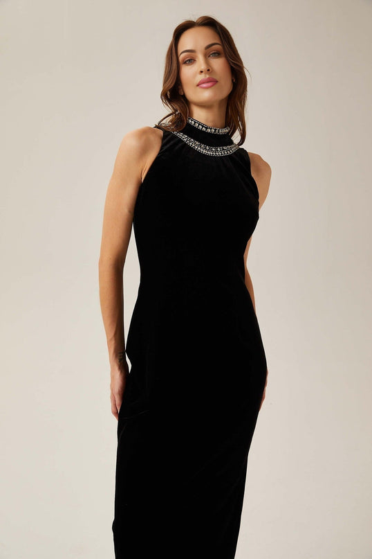 Domenica Black Velvet Crystal Embellished Maxi Gown