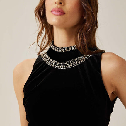 Domenica Black Velvet Gown Maxi with Crystal Embellishments