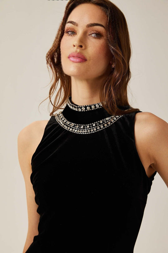 Domenica Black Velvet Gown Maxi with Crystal Embellishments