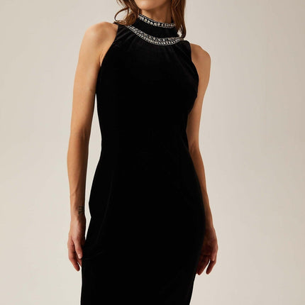 Domenica Black Velvet Gown Maxi with Crystal Embellishments and Open Back
