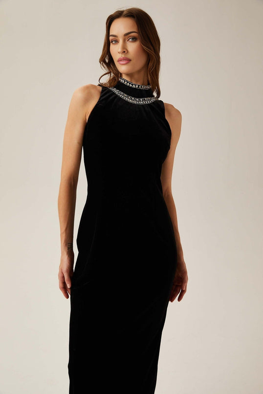 Domenica Black Velvet Gown Maxi with Crystal Embellishments and Open Back