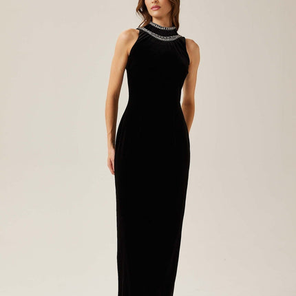 Domenica Black Velvet Gown Maxi with Crystal Embellishments and Open Back