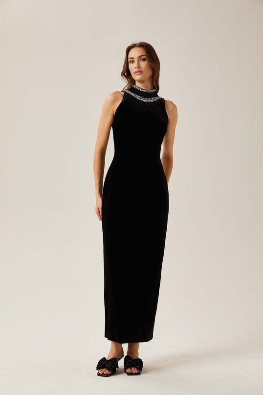 Domenica Black Velvet Gown Maxi with Crystal Embellishments and Open Back
