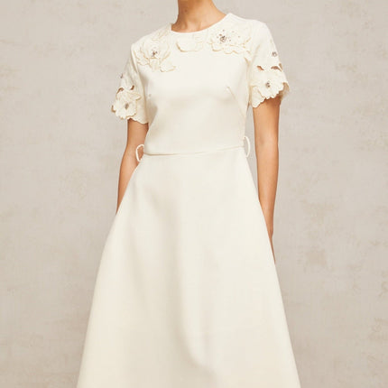 Domenica Midi Dress Neutrals Floral Appliqué Bead Embellishment Round Neck Short Sleeves Flared Skirt Calf Length Belt Loops Rear Zip Fastening Terylene Fiber Elegant Sophisticated Chic