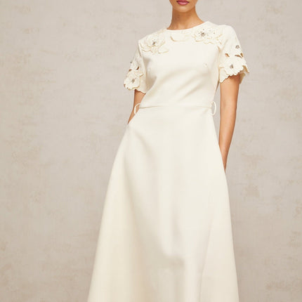 Domenica Midi Dress Neutrals Floral Appliqué Bead Embellishment Round Neck Short Sleeves Flared Skirt Calf Length Belt Loops Rear Zip Fastening 100% Terylene Fiber Timeless Beauty Modern Luxury