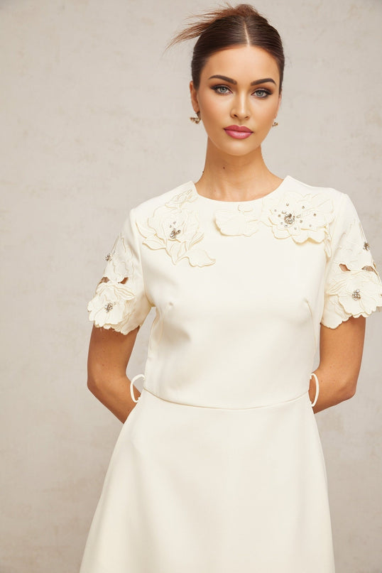 Domenica Neutrals Floral Appliqué Bead Embellished Midi Dress
