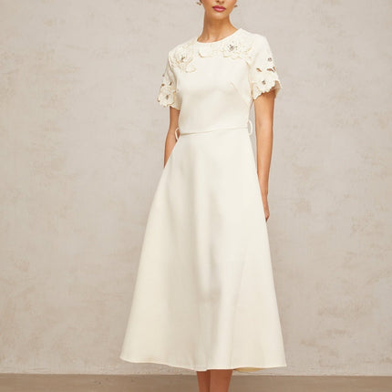 Domenica Neutrals Floral Appliqué Bead Embellished Midi Dress