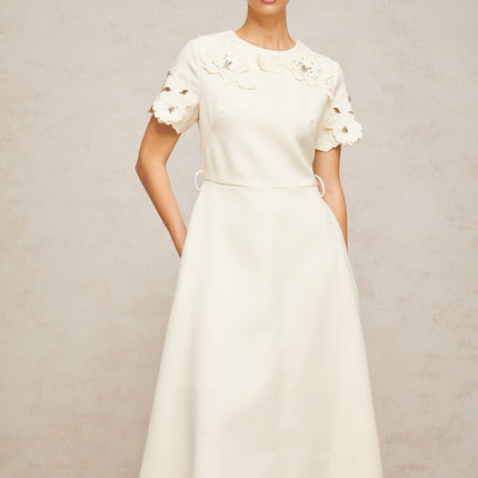 Domenica Neutrals Floral Appliqué Bead Embellished Midi Dress