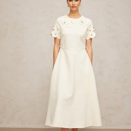 Domenica Neutrals Floral Appliqué Bead Embellished Midi Dress